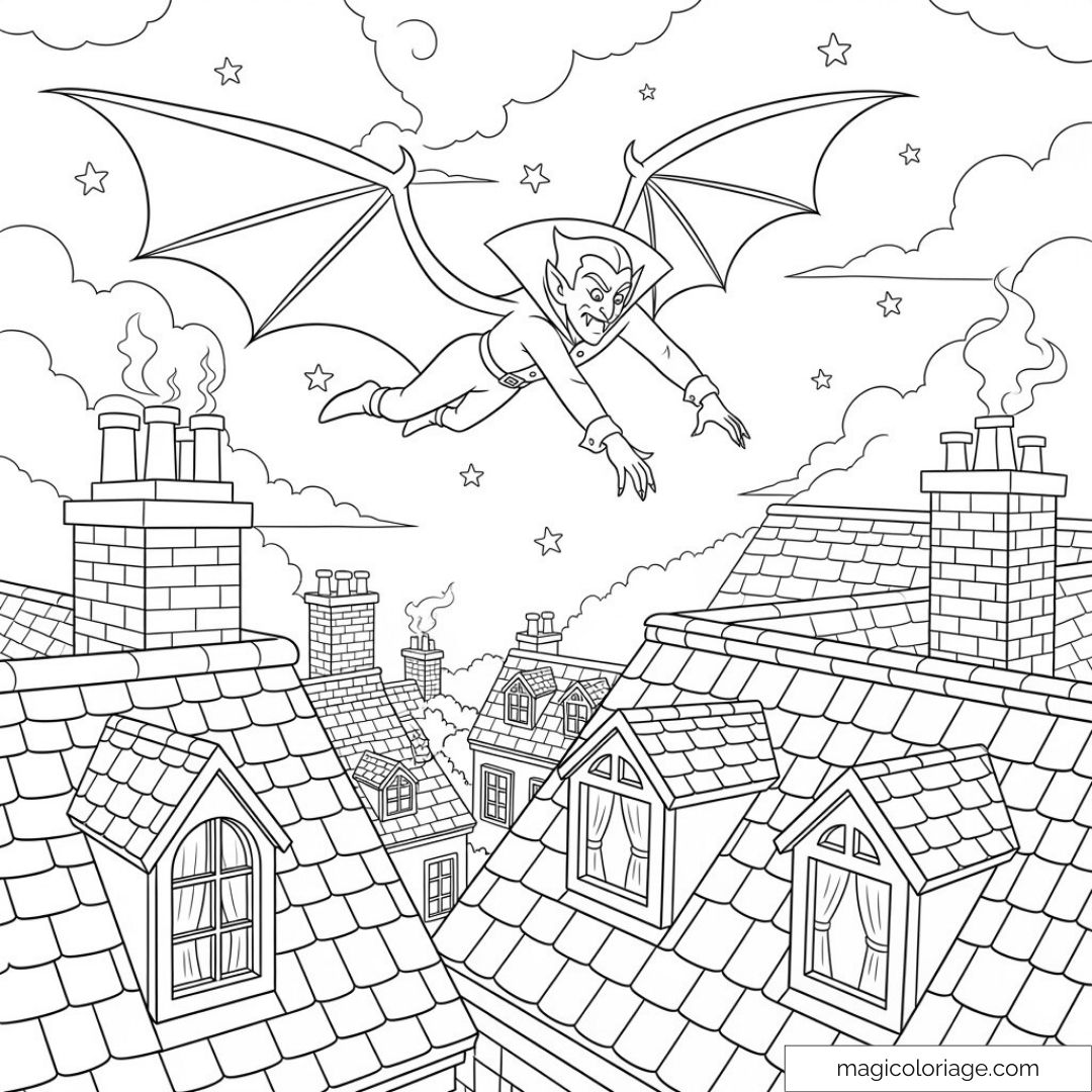 Dessin de Dracula volant au-dessus des toits