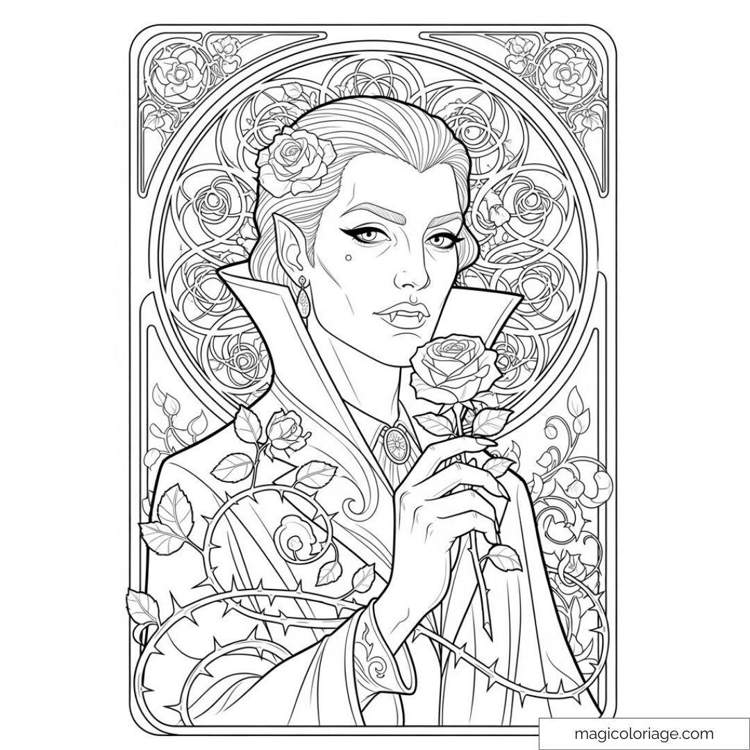 Illustration de vampire sophistiqué avec rose
