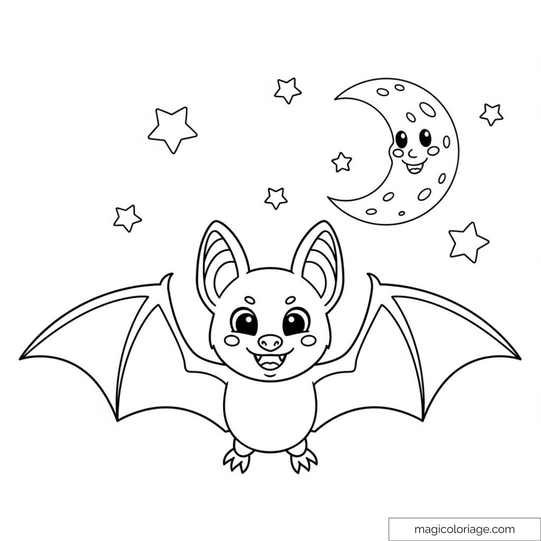 Chauve-souris souriante volant parmi les étoiles et une lune amusante.