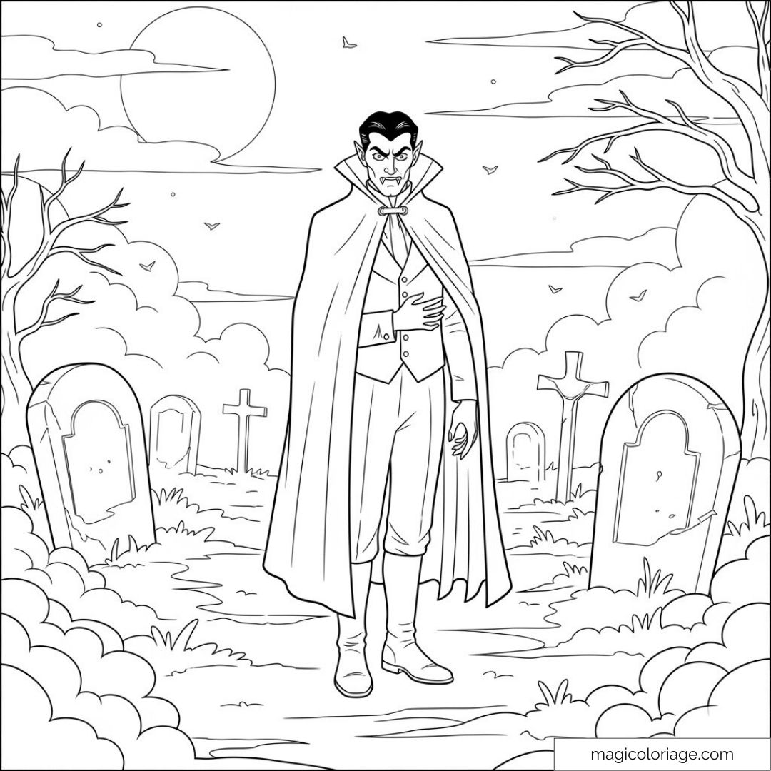 Dessin du comte Dracula dans un cimetière sous la pleine lune