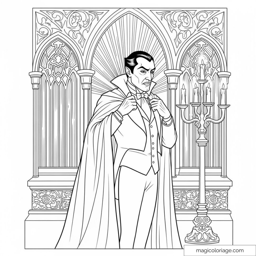 Vampire élégant dans décor gothique avec candélabre