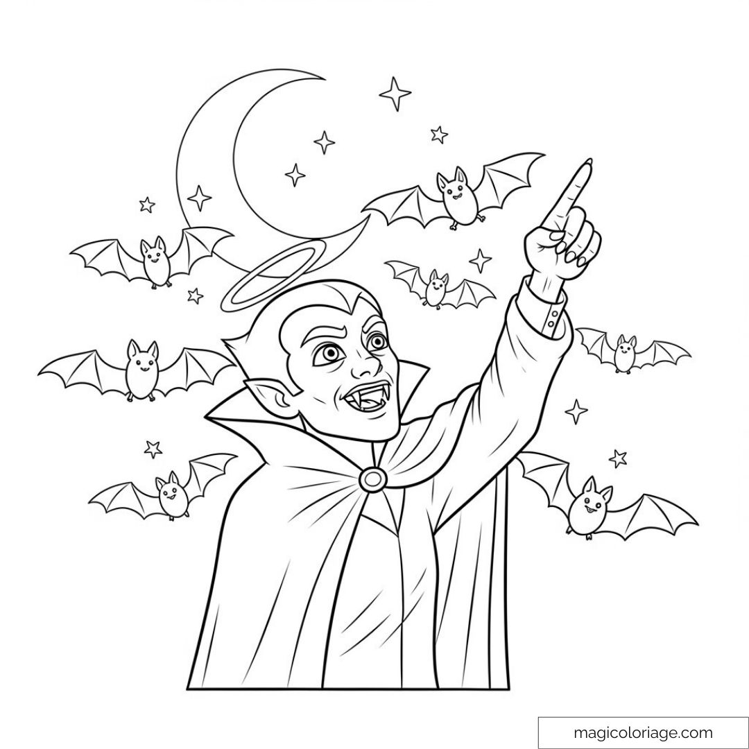 Vampire pointant vers le ciel étoilé entouré de chauves-souris et lune