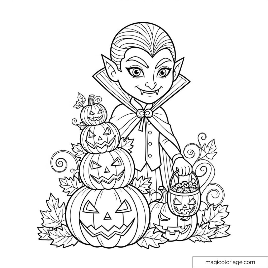Vampire mignon avec cape et citrouilles sculptées pour Halloween.