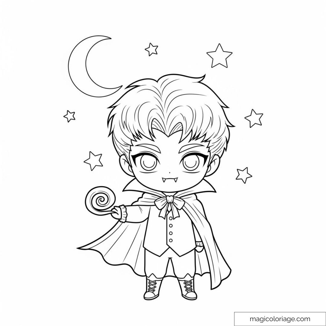 Petit vampire cartoon portant une cape avec lune et étoiles.