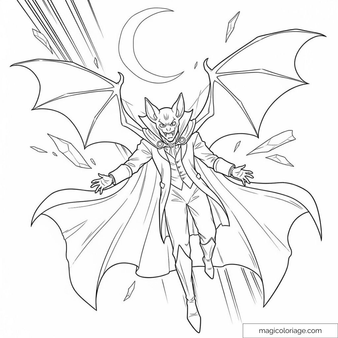 Dessin de vampire avec ailes et lune dans le ciel noir et blanc.