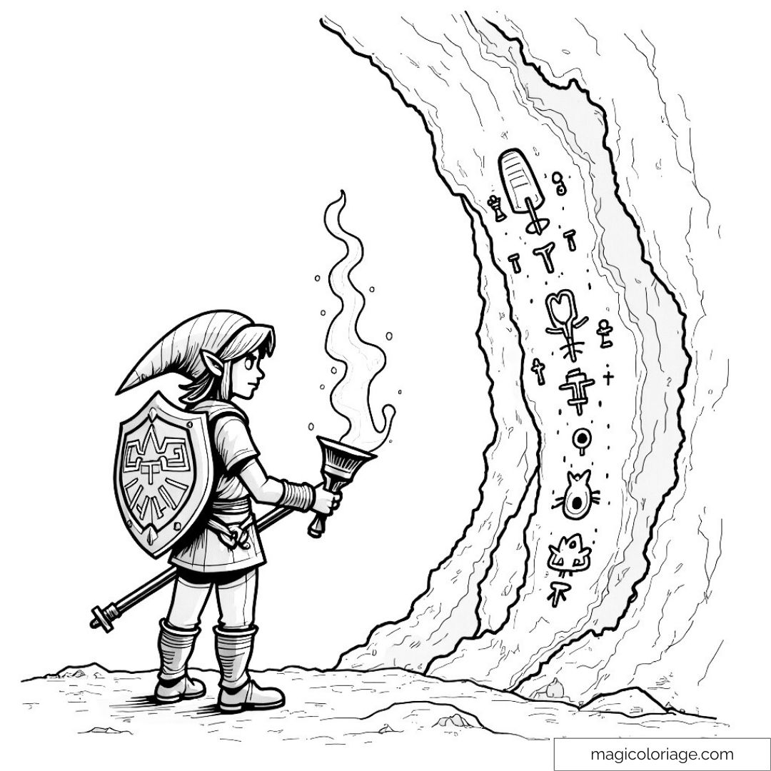 Link explorant une caverne illuminée avec des symboles mystérieux