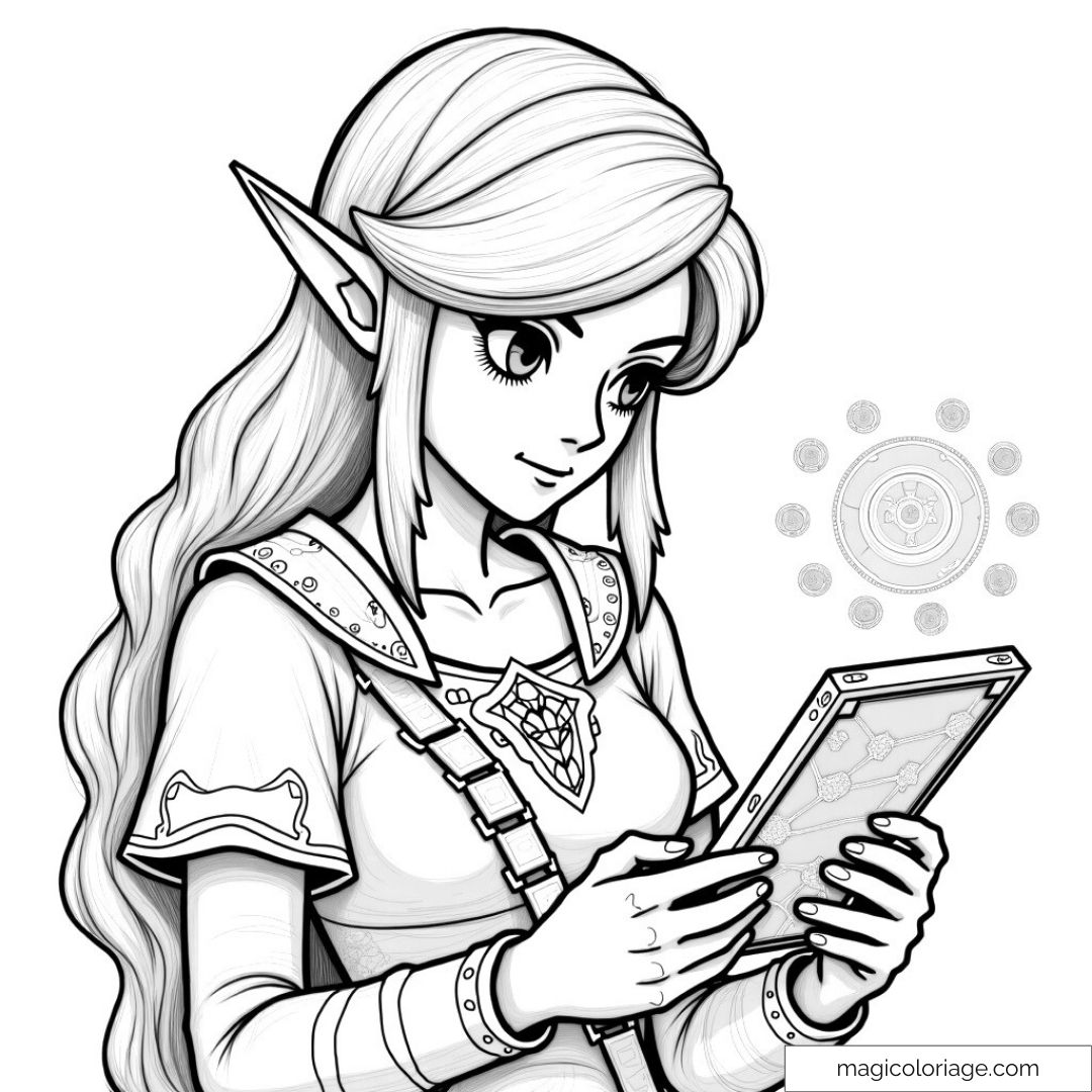 Dessin de la princesse Zelda tenant un livre avec des motifs enchanteurs