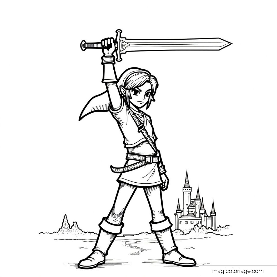 Coloriage de link de Zelda brandissant une épée