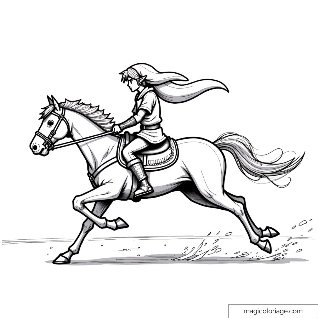 Dessin à colorier de Link chevauchant un cheval dans Zelda