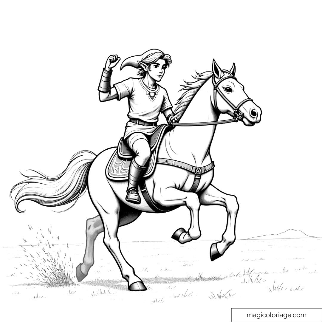 Coloriez Link en pleine aventure avec son cheval et créez un univers fantastique.