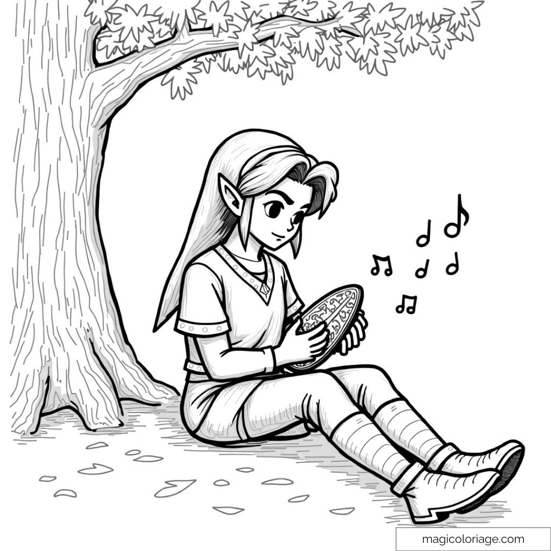 Coloriage de Link jouant de la musique sous un arbre