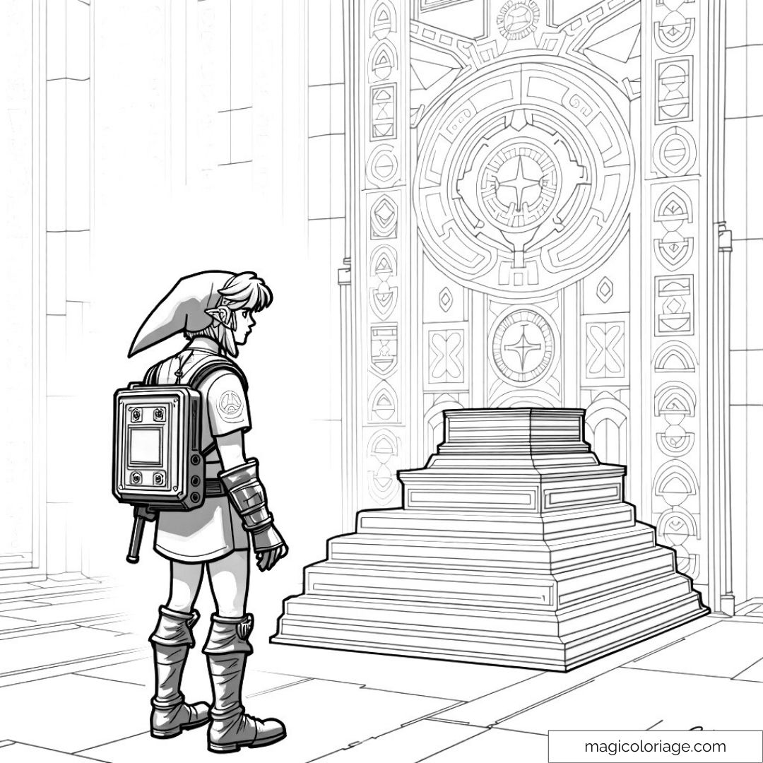 Link debout devant une ancienne porte dans l'univers de Zelda à colorier.