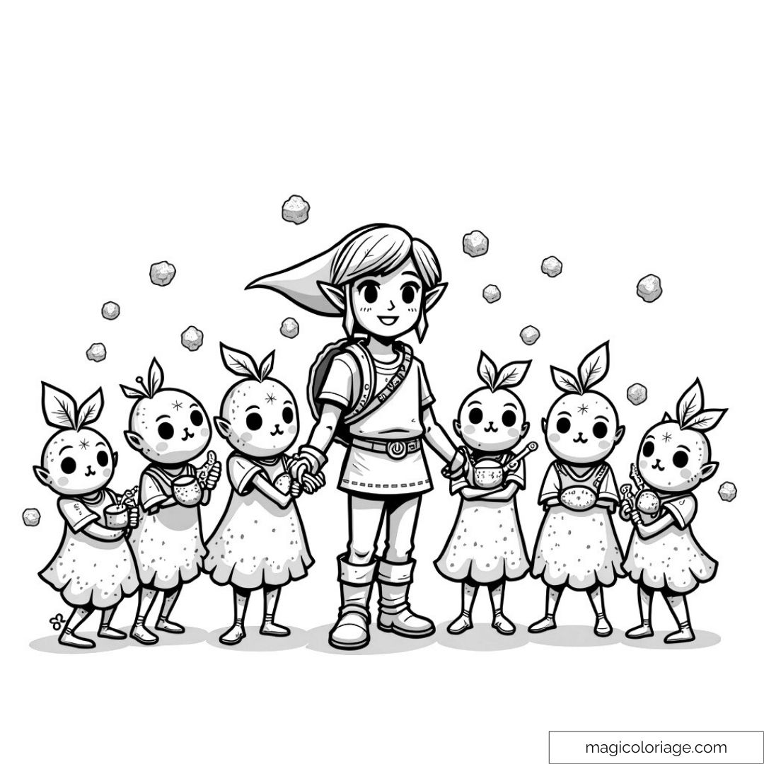 Coloriage de Link entouré de personnages joyeux avec des fruits. Parfait pour les fans de jeux vidéo !