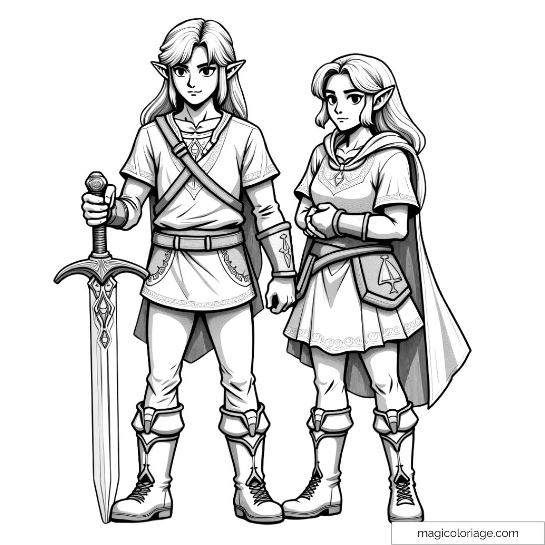 Dessin à colorier de Link et Zelda dans une pose amicale