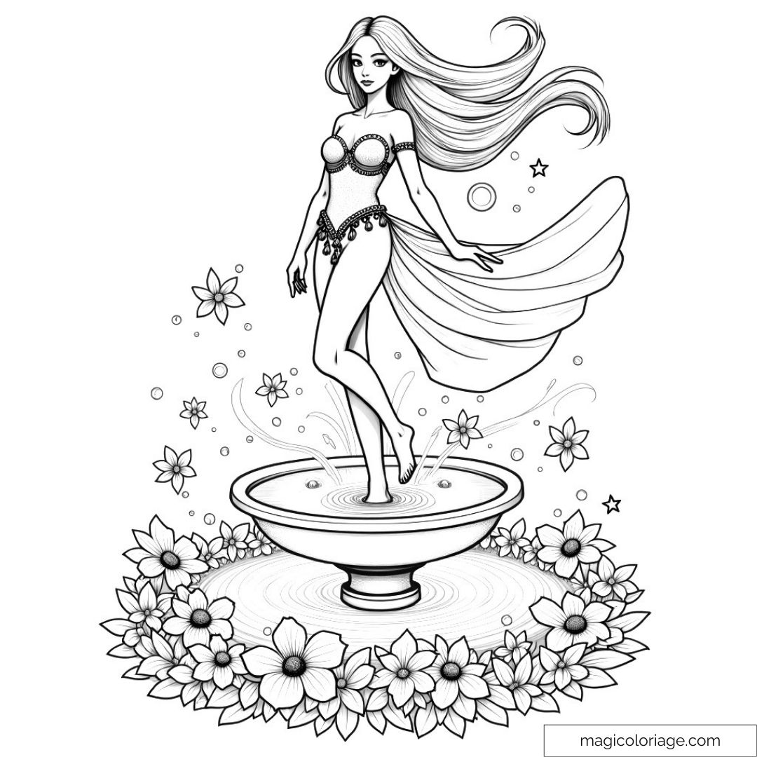 Fée dans une fontaine avec des fleurs