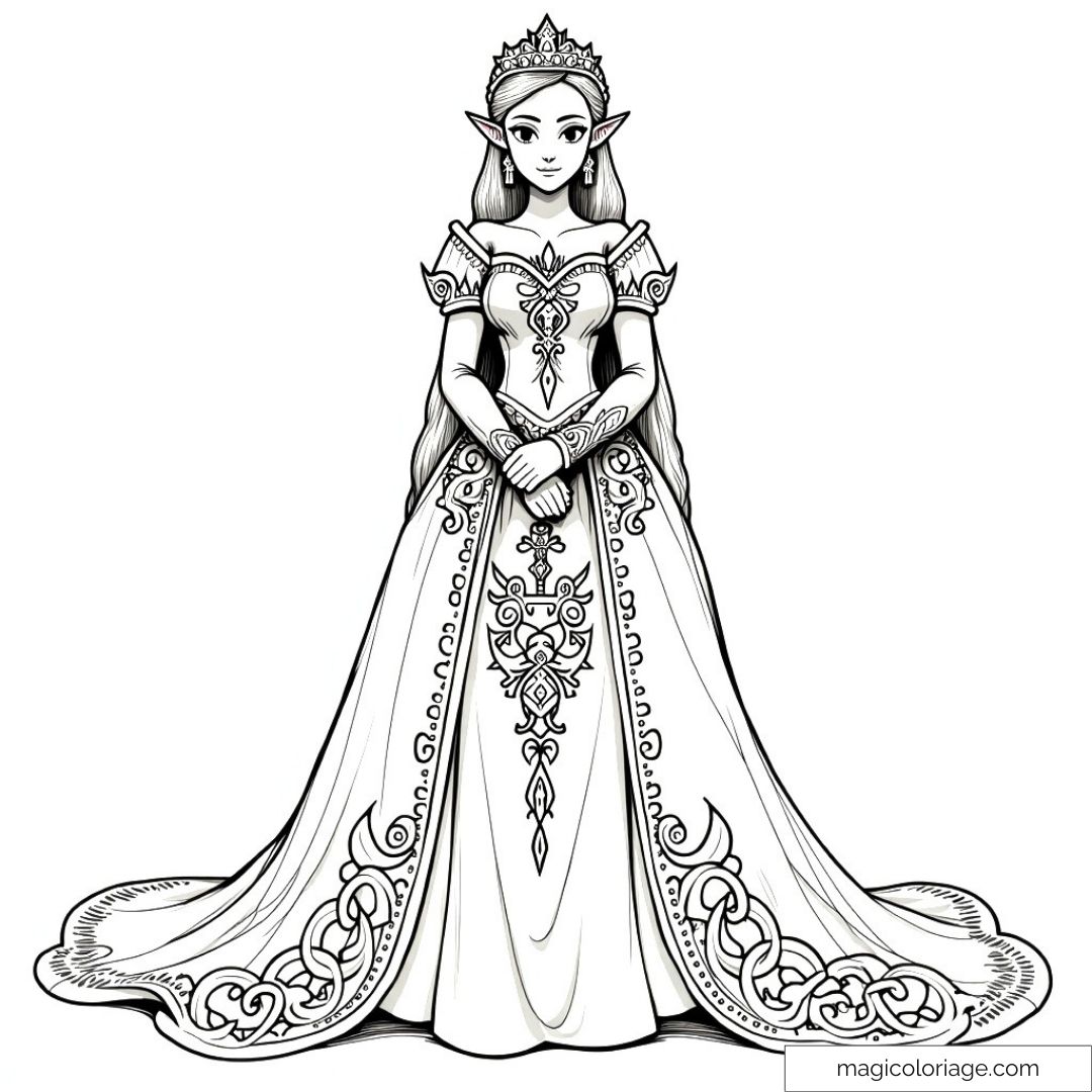 Princesse Zelda dans une robe magnifique prête à être coloriée