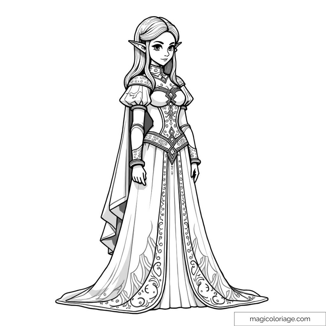 Dessin à colorier de la princesse Zelda dans une robe élégante