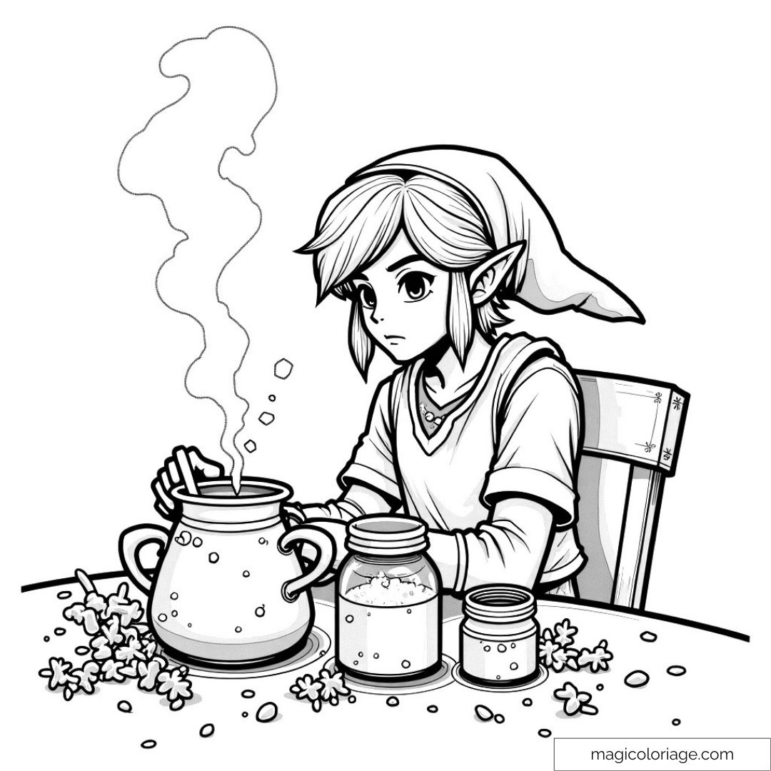 Dessin à colorier de Link préparant une potion magique dans un chaudron.