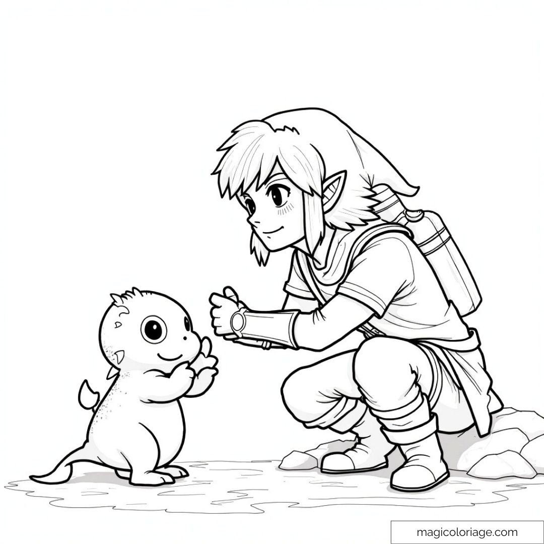 Link et une créature joyeuse s'amusent ensemble dans une forêt enchantée.