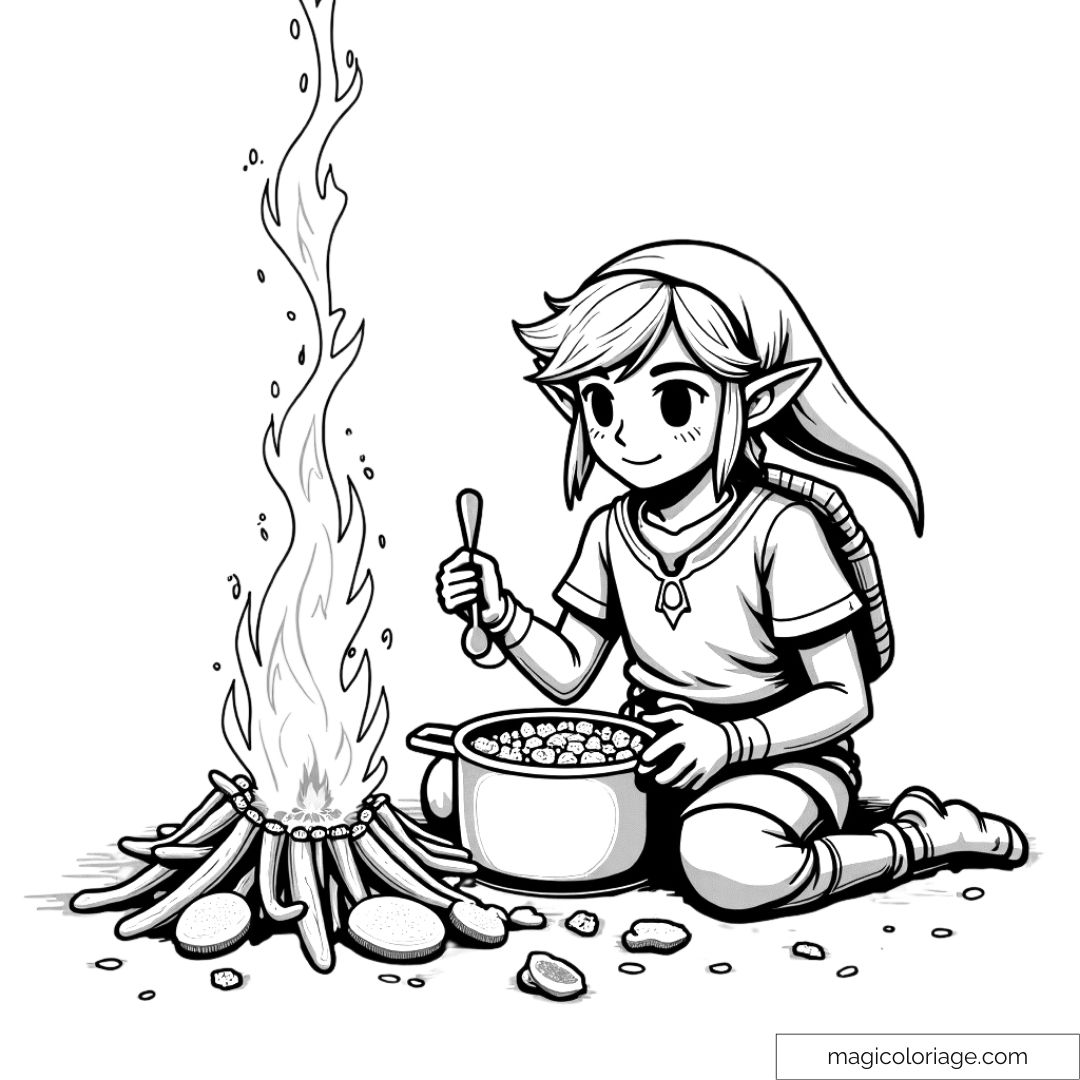 Link assis près d'un feu