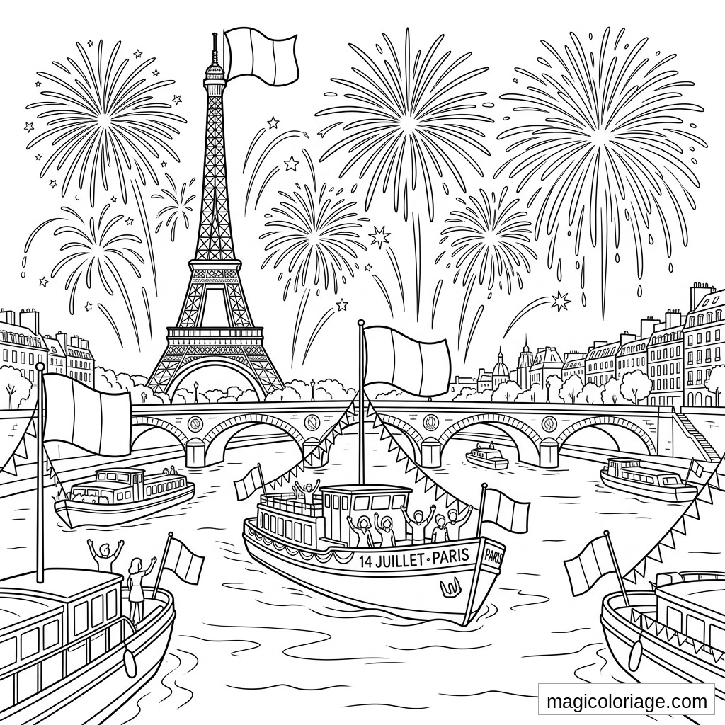 Coloriage 14 Juillet à Paris avec Tour Eiffel, feux d’artifice, bateaux sur la Seine et drapeaux français