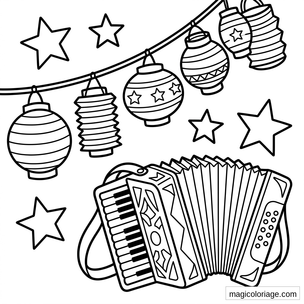 Coloriage 14 Juillet avec accordéon, lampions de bal populaire et étoiles décoratives