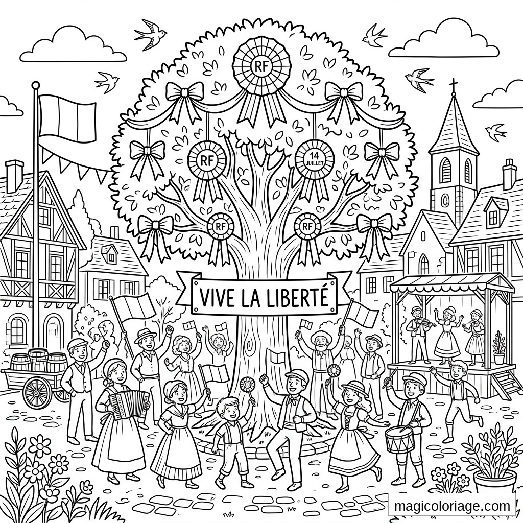 Coloriage 14 Juillet avec arbre de la liberté, village en fête, drapeaux, cocardes RF et musiciens