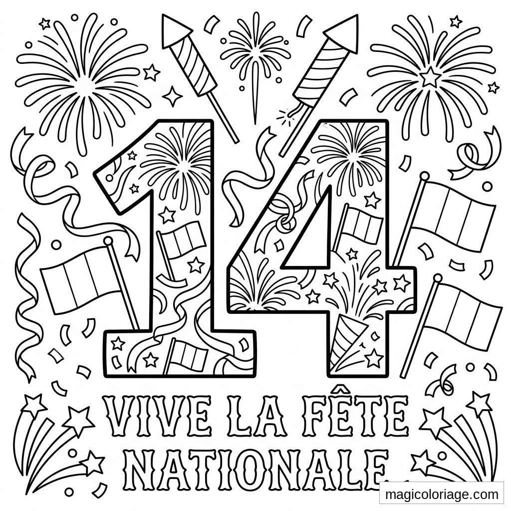 Coloriage 14 Juillet avec grand 14, feux d’artifice, fusées, drapeaux et texte Vive la fête nationale