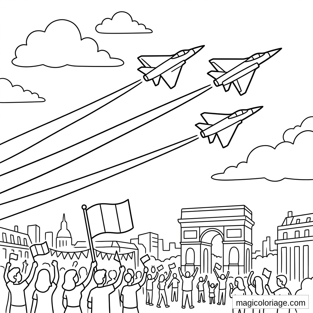 Coloriage 14 Juillet avec avions de chasse, foule, drapeaux et Arc de Triomphe à Paris