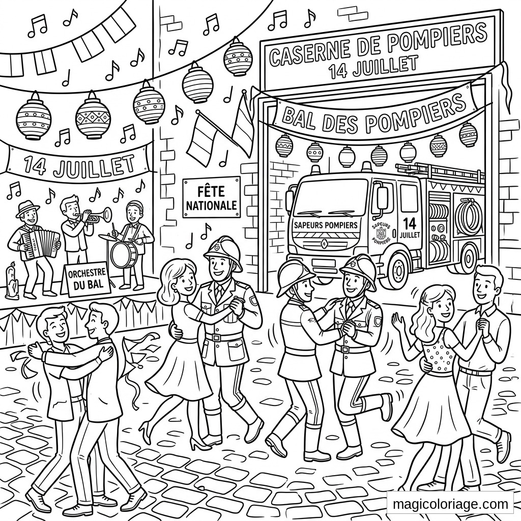 Coloriage 14 Juillet avec bal des pompiers, camion, caserne décorée, orchestre, lampions et couples qui dansent
