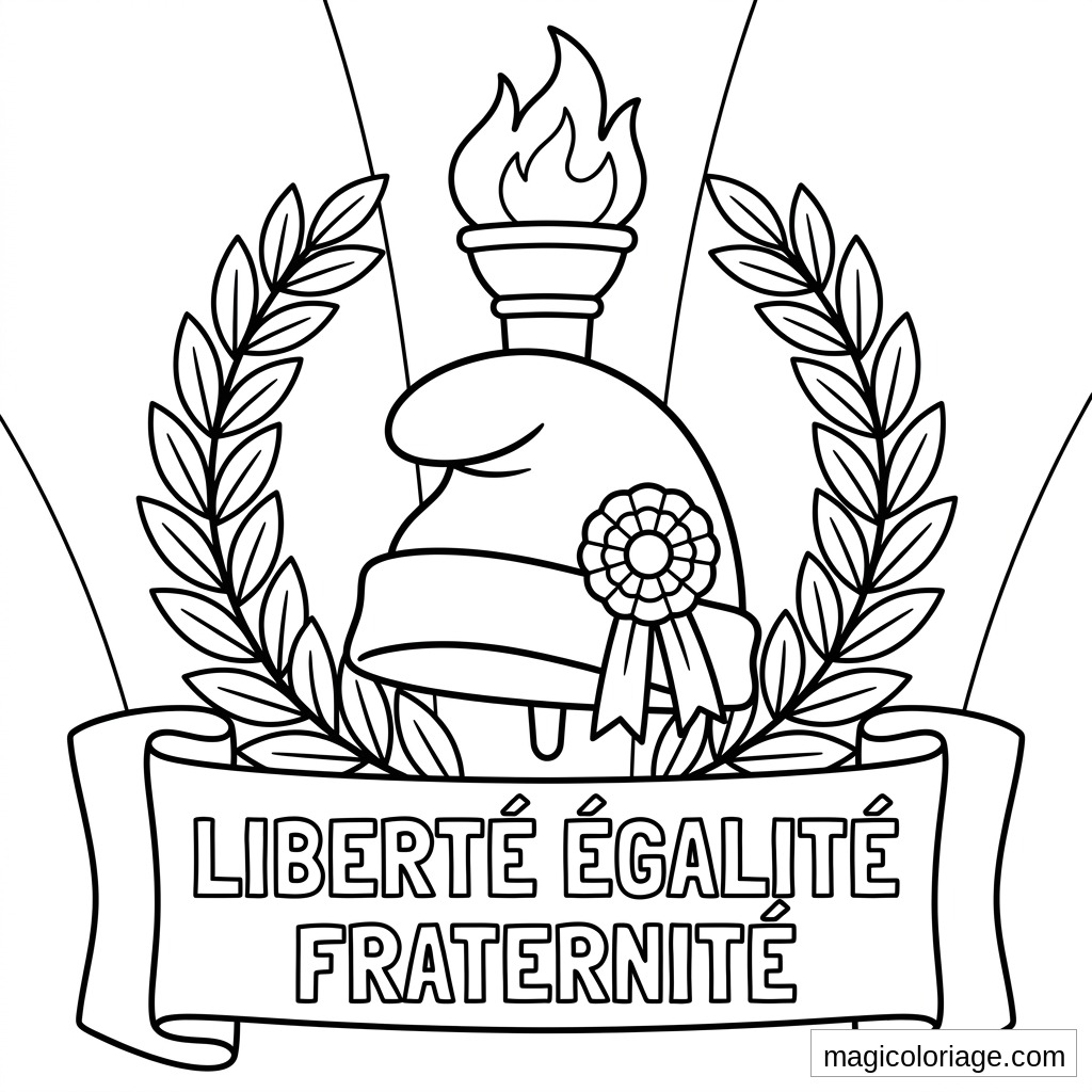 Coloriage 14 Juillet avec bonnet phrygien, torche, lauriers et devise Liberté Égalité Fraternité