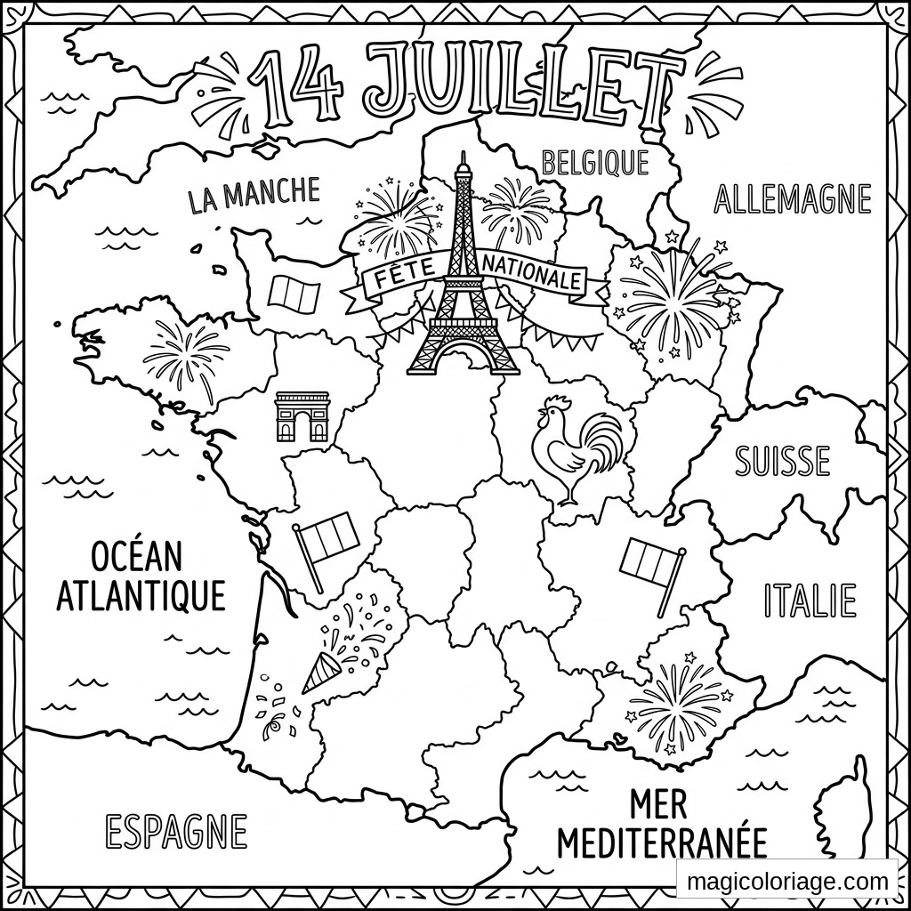 Coloriage 14 Juillet carte de France avec Tour Eiffel, feux d’artifice, coq et drapeaux