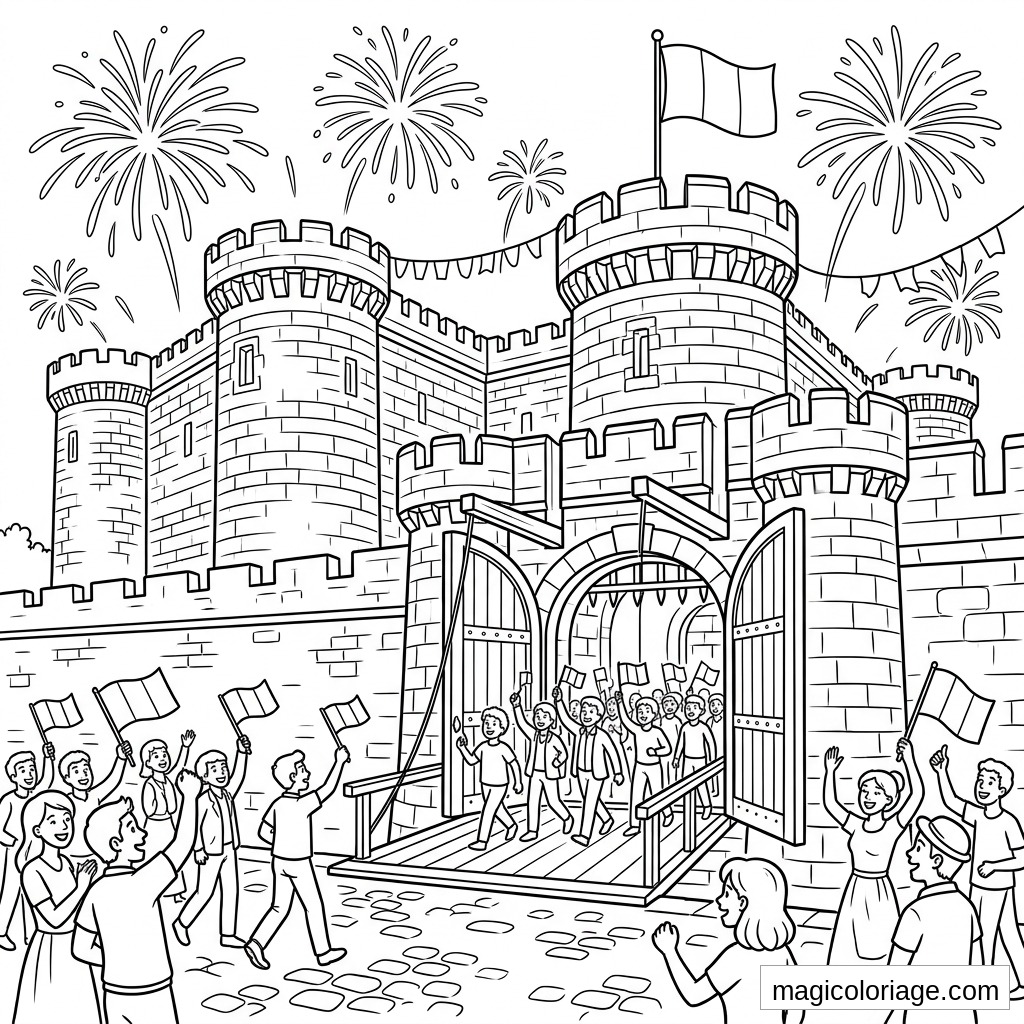 Coloriage 14 Juillet avec château fort, foule, drapeaux français et feux d’artifice