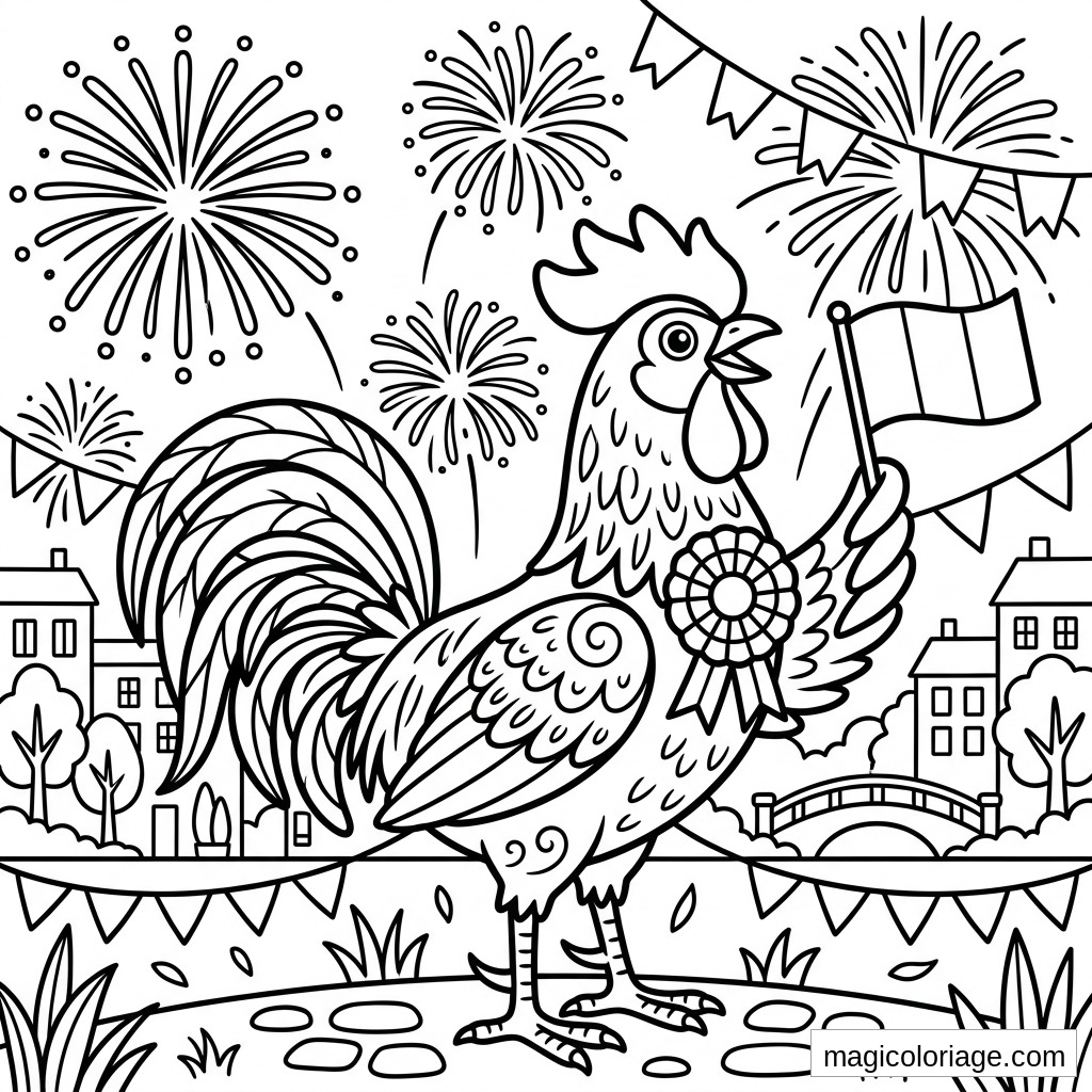 Coloriage 14 Juillet avec coq, drapeau français, cocarde, feux d’artifice et village en fête