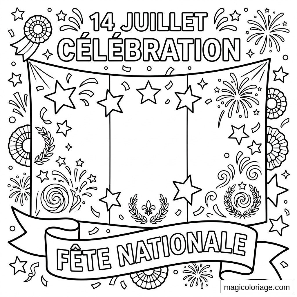 Coloriage 14 Juillet avec drapeau français, feux d’artifice, étoiles et ruban Fête nationale