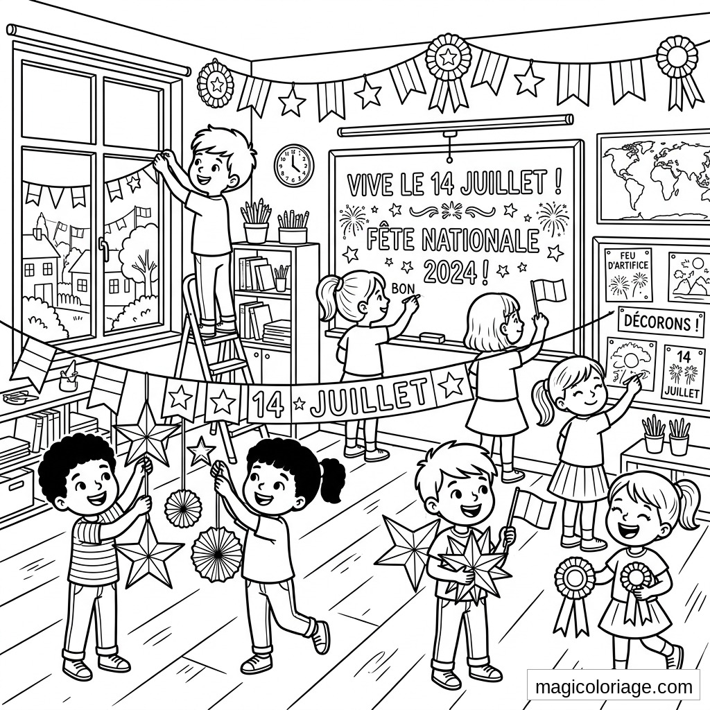 Coloriage 14 Juillet en classe avec enfants, guirlandes, drapeaux, cocardes et tableau fête nationale
