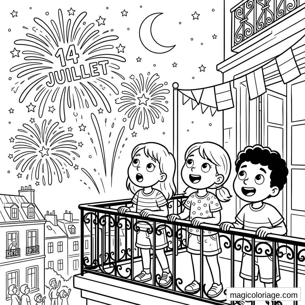 Coloriage 14 Juillet avec enfants sur balcon regardant feux d’artifice au-dessus de Paris