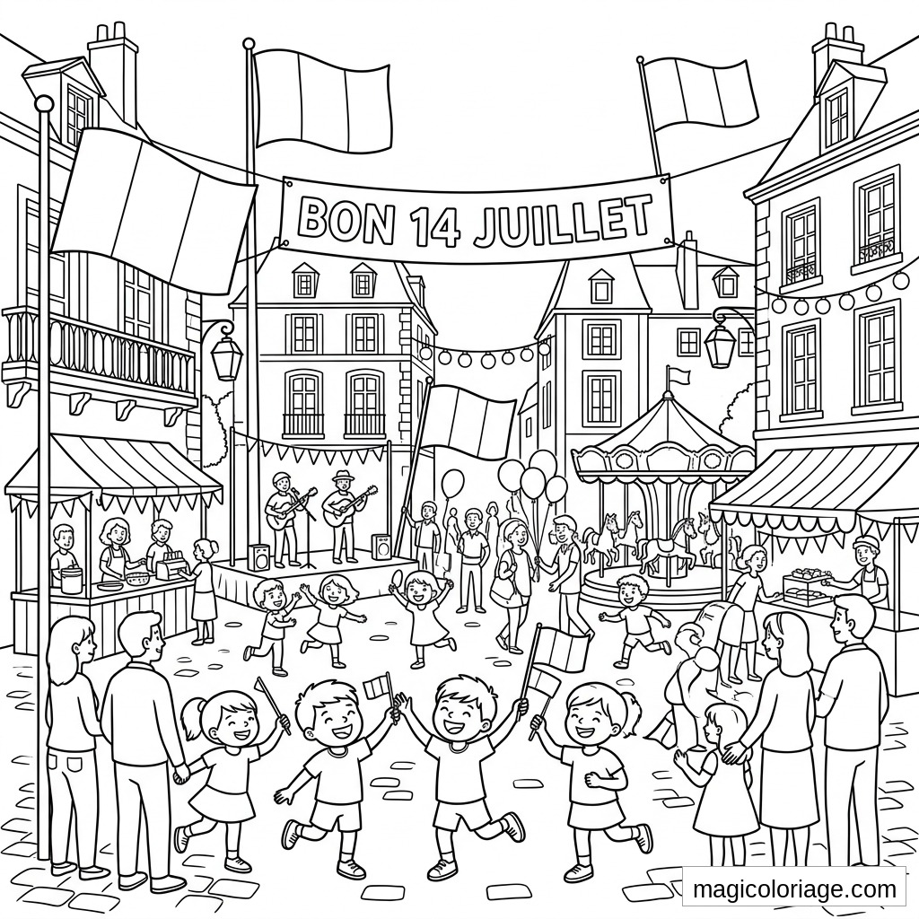 Coloriage 14 Juillet avec enfants, drapeaux français, banderole, musiciens, stands et carrousel