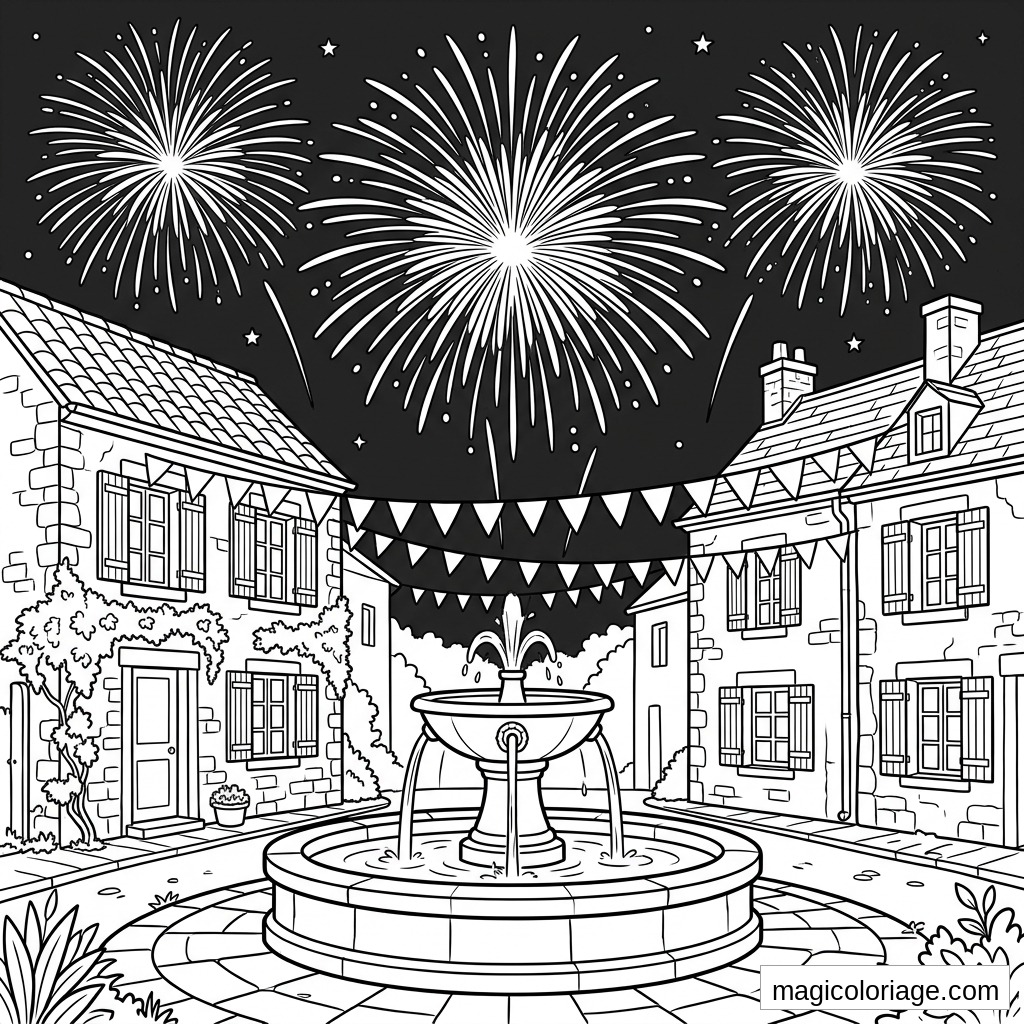 Coloriage 14 Juillet avec feux d’artifice, fontaine, fanions et maisons de village