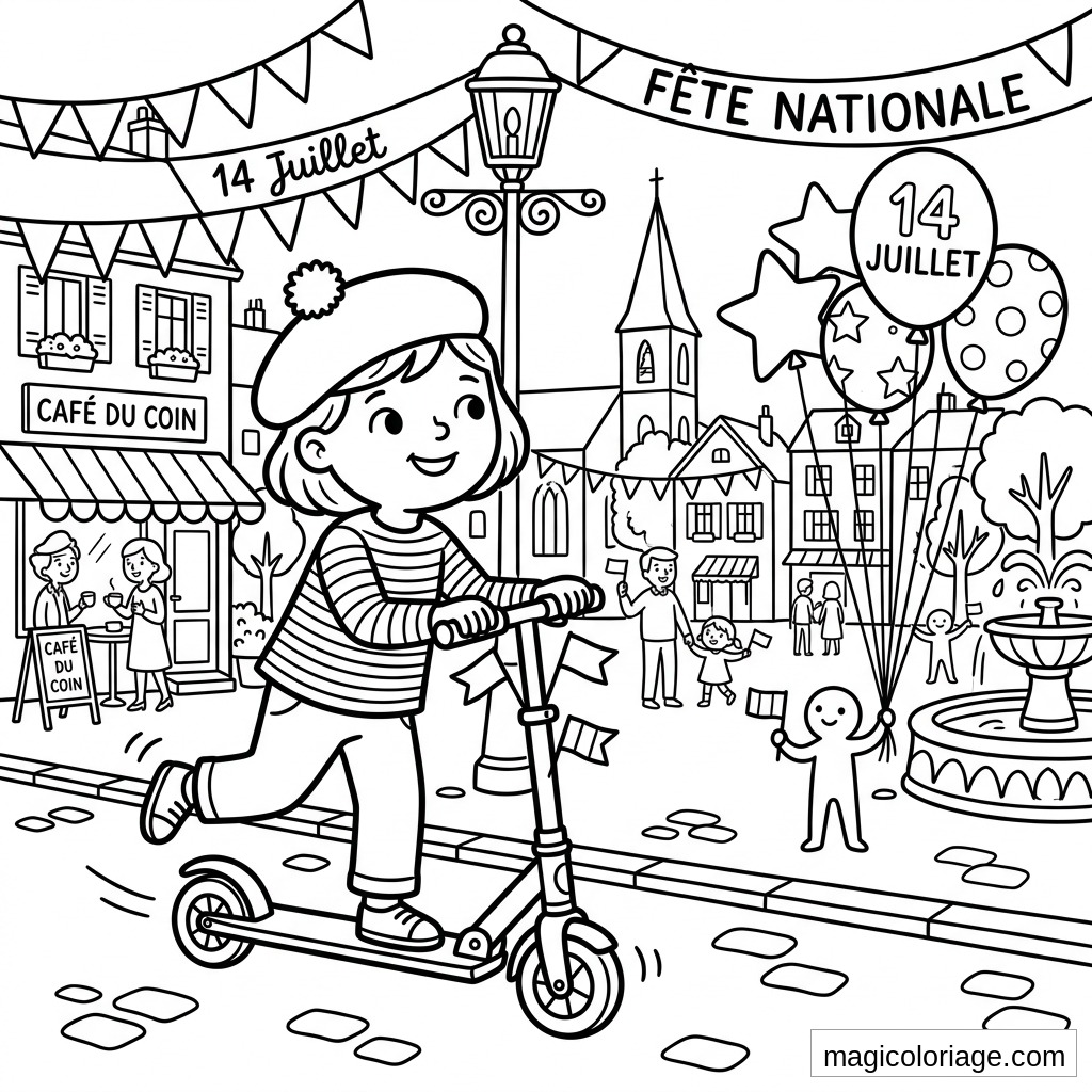 Coloriage 14 Juillet avec fillette en trottinette, fanions, ballons et place de village en fête