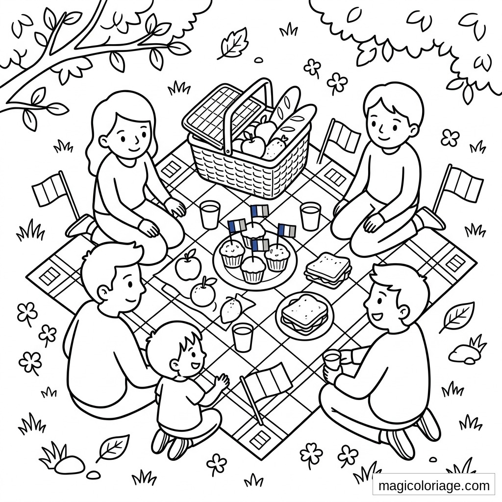 Coloriage 14 Juillet avec famille en pique-nique, drapeaux français, panier, gâteaux et sandwichs
