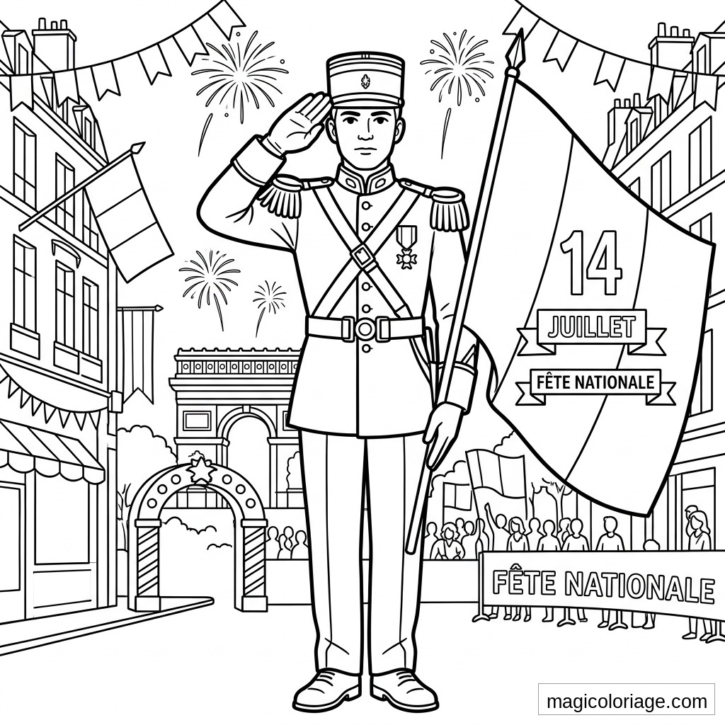 Coloriage 14 Juillet avec soldat saluant, grand drapeau, Arc de Triomphe, foule et feux d’artifice