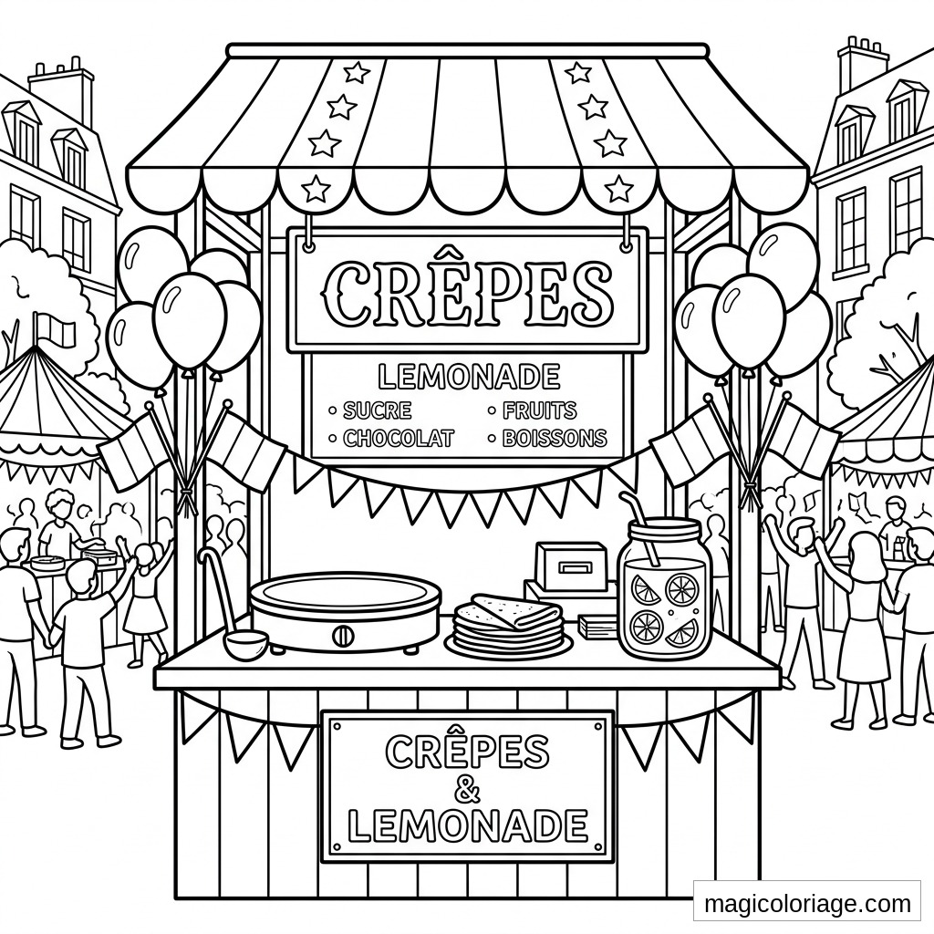 Coloriage 14 Juillet avec stand de crêpes et lemonade, ballons, fanions, foule et tentes de fête