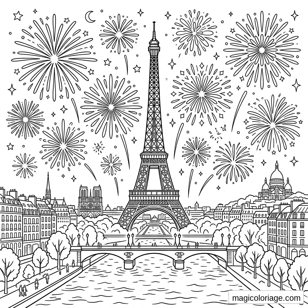 Coloriage 14 Juillet à Paris avec Tour Eiffel, feux d’artifice, Seine, Notre-Dame et Sacré-Cœur