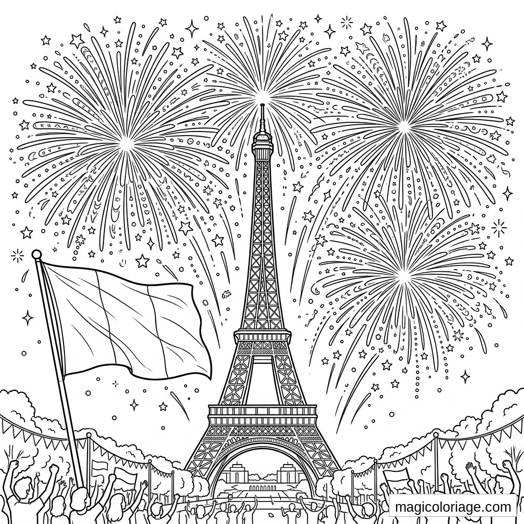 Coloriage 14 Juillet avec Tour Eiffel, drapeau français, foule et feux d’artifice à Paris