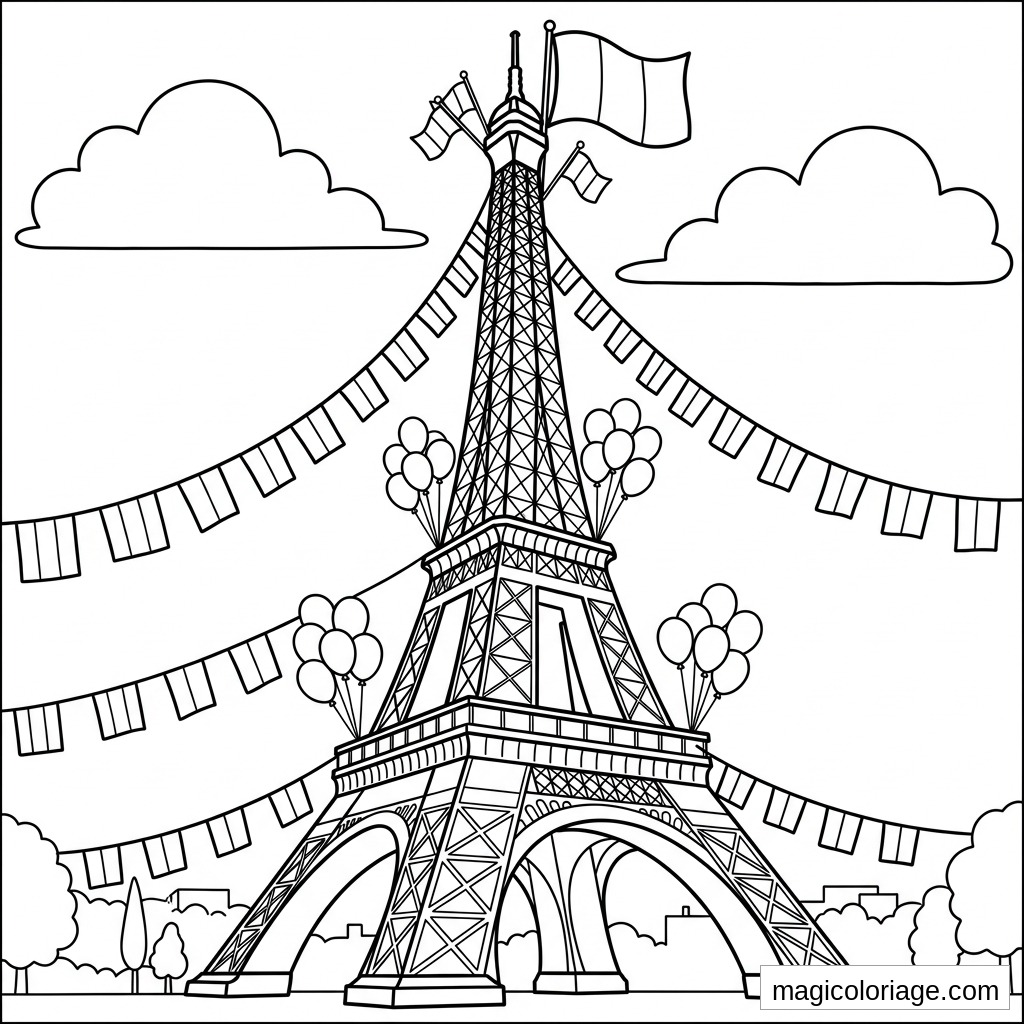 Coloriage 14 Juillet avec Tour Eiffel, drapeaux français, fanions et ballons à imprimer