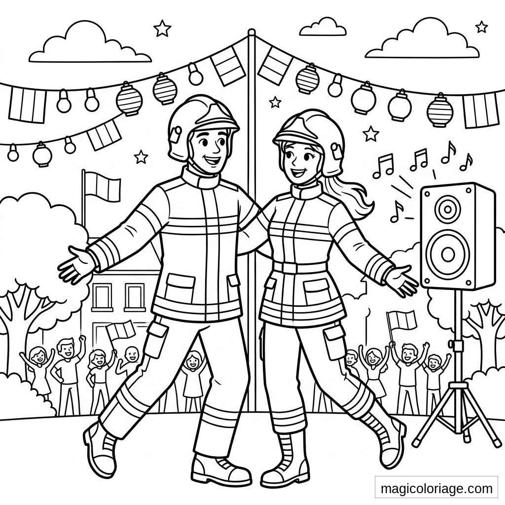 Coloriage 14 Juillet avec deux pompiers dansant au bal, lampions, fanions, foule et haut-parleur