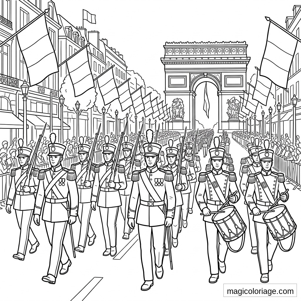 Coloriage 14 Juillet avec défilé militaire, tambours, drapeaux français et Arc de Triomphe à Paris