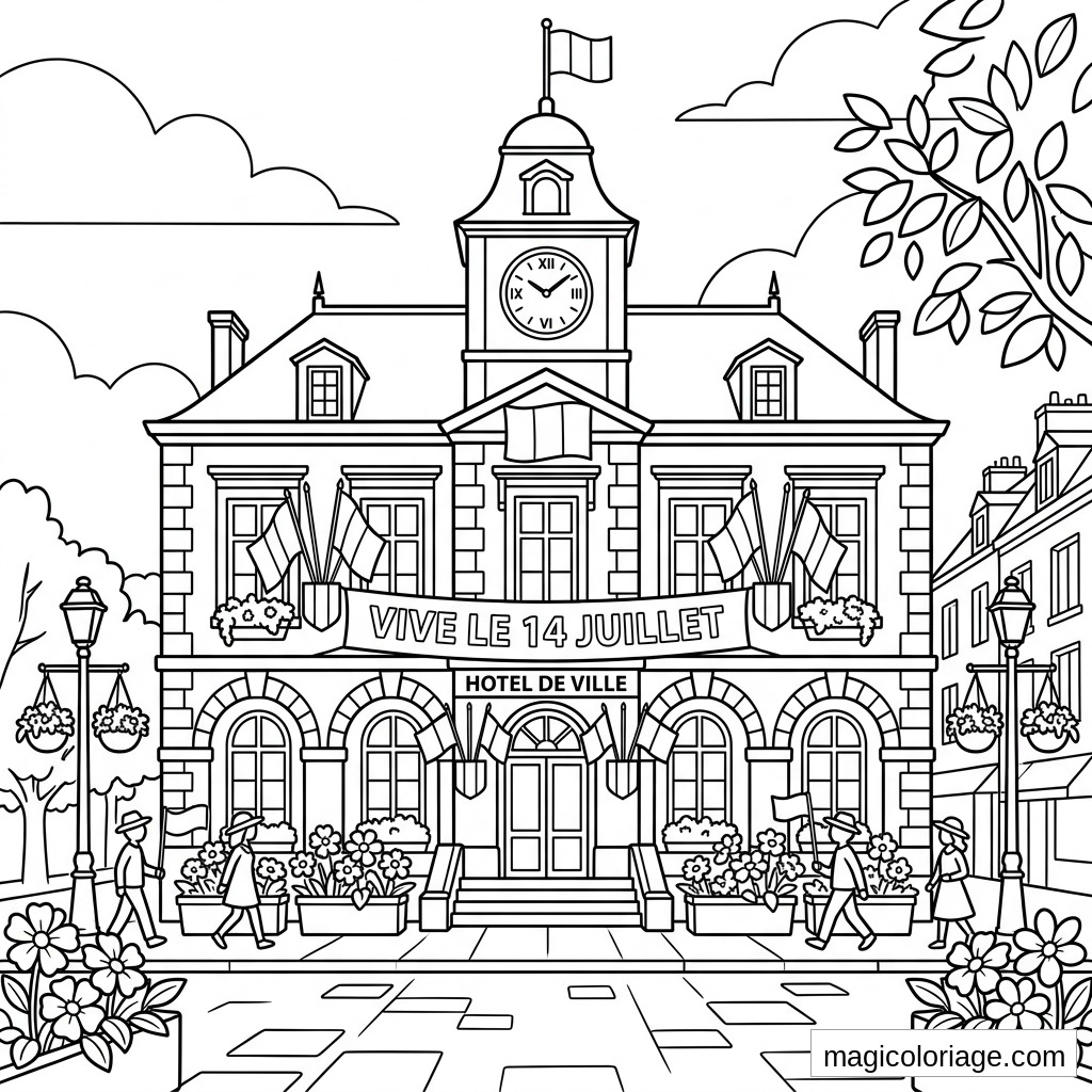 Coloriage 14 Juillet avec hôtel de ville, banderole Vive le 14 Juillet, drapeaux et place fleurie