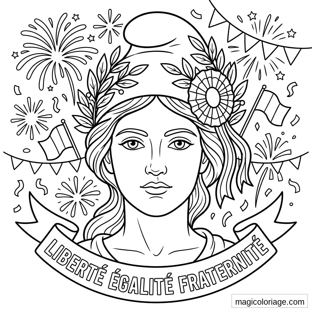 Coloriage 14 Juillet avec Marianne, bonnet phrygien, devise Liberté Égalité Fraternité et feux d’artifice